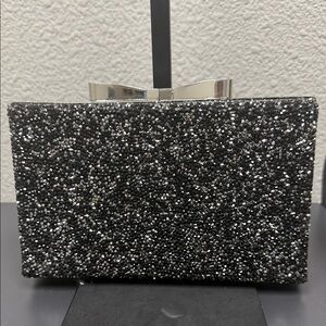 Vintage Charming Charlie Black Glitter Clutch with Silver Accents